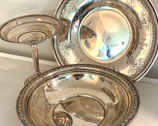 Wallace sterling silver bowl, Preisner sterling silver compote, and Towle sterling silver plate