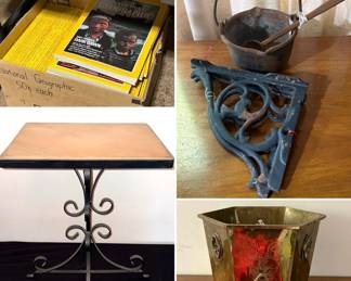 National Geographic magazines, vintage marble top with wrought iron base side table, oriental brass planter, antique cast iron shelving, antique cast iron mixing pot