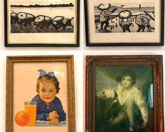 Vintage and antique artwork including a California Fruit Growers Sunkist Litho color print