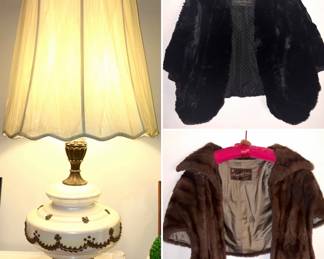 A vintage bubble lamp and two vintage fur jackets.