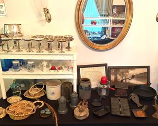 Saltwater crock, cast iron cookware, antique ice cream molds, rustic/primitive decor