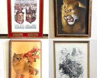 Nebraska’s finest national championship wall art, velvet lion painting, vintage cat/floral wall hanging, Trapper-Grizzly by Bill O'Neill