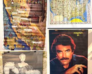 vintage pictorial map of California's wine regions, a poster of Mae West , a pictorial Wildlife and Game Map of the United States, vintage Magnum, P.I. Tom Selleck poster