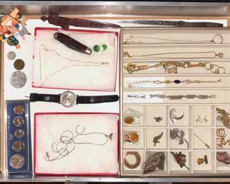 A collection of vintage and antique costume jewelry and coin collection