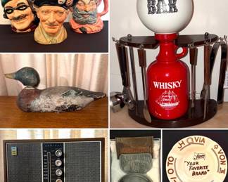 A collection of Royal Doulton mugs, vintage Admiral AM/FM radio, vintage bar caddy, vintage hand-carved/hand-painted wooden duck decoy, vintage belt buckles, vintage Storz beer advertising ashtray