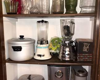 Vintage blenders, Keurig coffee maker, various glass flower vases
