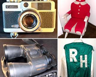 Vintage Canon Demi EE17 camera, vintage Sid Leach Bubba Bear rocking chair, Sightron SiiBigSky binoculars, vintage Omaha horse racing jockey jacket