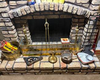 Vintage brass fireplace screen, vintage brass andirons, other vintage fireplace accessories