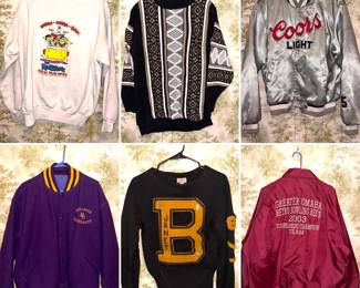 A collection of vintage and retro-style jackets and sweatshirts.