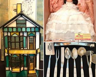 Forma Vitrum Stained Glass Townhouse, vintage Madame Alexander Gone with the Wind doll, vintage kitchen utensils