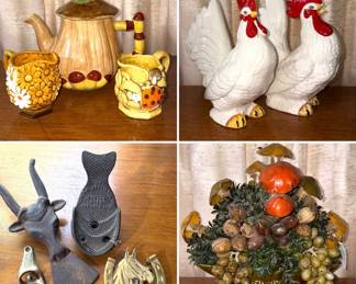 Vintage ceramic mushroom tea pot, vintage ceramic mushroom and floral creamers, vintage Coca-Cola bottle cap opener, vintage brass bootjack, vintage Japanese ceramic roosters, vintage mushroom centerpiece