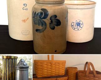 Vintage stoneware crocks, salt glaze stoneware crock, redwing stoneware crock, Louisville pottery, Native American Cherokee Indian head stoneware crock, two antique pewter ice cream molds and a collection of Longaberger baskets.