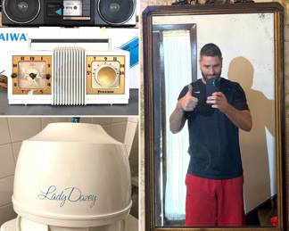 Antique golden wood framed mirror, vintage lazy Dazy portable tabletop hair dryer, vintage AIWA boombox, vintage clock radio