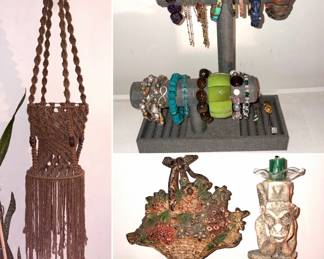 Vinatge macrame plant hanger, vintage jewelry, decorative cast-iron floral door stop, gargoyle-statue candle holder