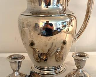 Wallace sterling silver pitcher, Empire sterling silver candlestick holders, sterling silver spoons