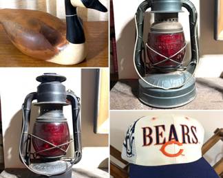 Vintage Canada goose decoy,
Two vintage Dietz kerosene lanterns, vintage Chicago Bears sports specialties shadow snapback hat