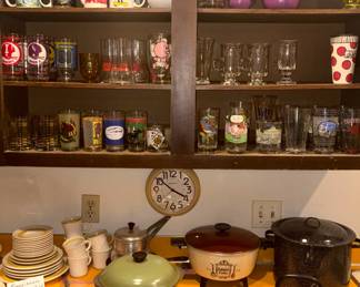 Vintage barware, vintage cookware, Franciscan Hacienda gold dish set, Pillsbury FUNNY FACE Goofy Grape Pitcher