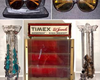 Vintage Ralph Lauren sunglasses, vintage coach sunglasses, vintage jewelry, vintage TIMEX display case