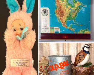 Vintage Pink Rushton rabbit plush doll, vintage pull down school map and a vintage "Old Pal" wading bait can