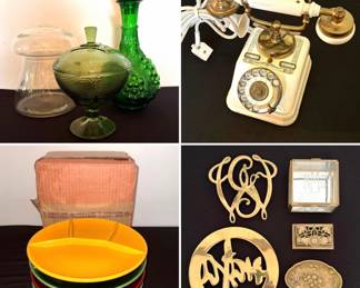 Set of vibrant Steuler plates, miscellaneous brass pieces including several brass trivets and trinket boxes, vintage green glass imperial decanter, vintage Hazel Atlas avocado green glass candy dish, vintage glass bubble mushroom jar/terrarium, victorian style rotary phone