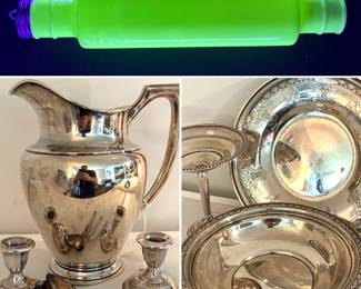 McKee Glass Company Jadeite rolling pin, Wallace sterling silver water pitcher, sterling silver candlestick holders, Wallace sterling silver bowl, Preisner sterling silver compote, and Towle sterling silver plate