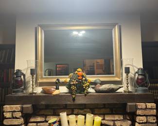 Large vintage mirror, vintage railroad lanterns, vintage brass candlestick holders, vintage wooden duck decoys