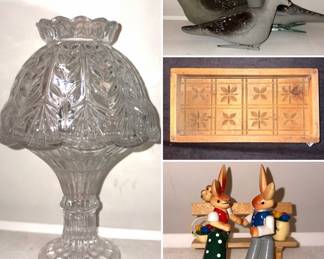 vintage crystal fairy lamp, vintage pigeon decoys, antique carved buttermold,
Erzgebirge wooden rabbit figurines.