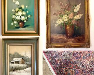 Vintage oil paintings and a Karastan area rugs (matching extra large, medium, and small rugs available)