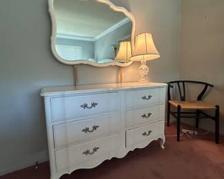 White French Provincial, French Country Full/Queen Bedroom Set: Bed, Dresser w/ Mirror, Nightstand w/ Hutch Top