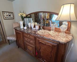 French Louis XV style carved sideboard, buffet with marble top and mirror
