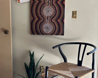 Australian Aboriginal Dot Art, wishbone chair with wicker seat