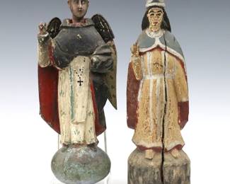 Two 19th Century Spanish Colonial Santos figures. Carved wood with polychrome decoration, includes a figure of the Madonna and San Vicente Ferrer. Wear, some damage, painted touch ups, the Madonna figure is split, both lack left hands and have damage/losses to right, Ferrer lacks base to plinth. Up to 12 5/8" high.