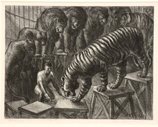 John Steuart Curry, American, 1897-1946.  A 1930's lithograph on paper, titled "Performing Tiger" (Cole 21).  Signed "John Steuart Curry" in pencil lower right, titled and dated "1934" with notation "25 prints" lower left, additionally signed "J S Curry" in the stone lower right. Minor toning, not examined out of frame.  Image 13 3/4 x 10 1/2" high, framed 21 3/4 x 16 3/4" high overall.  
