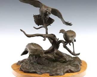 Clark E. Bronson, American, b. 1939. A 1970's patinated Bronze figural grouping, titled "Gobbler's Roost". Depicts three wild turkeys on a tree stump on a rocky outcrop, presented on a shaped Walnut base. Signed "Clark Bronson" dated "1974" and numbered "25/75" at base. Minor wear. Approx. 15 x 13 x 12" high overall.