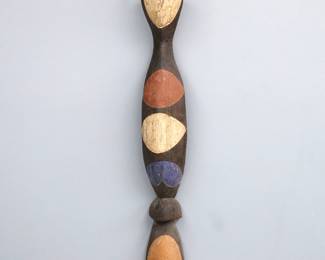 An African Baga snake ceremonial headdress. Carved wooden figure with polychrome geometric decoration. Some wear to decoration. 44 1/4" high.