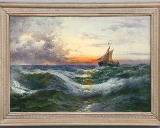 John Edmund Califano, Italian/American, 1862-1946.  Oil on canvas depicting a ship amidst tumultuous seas, with a red sunset on the horizon.  Signed at the lower right, in a painted wood frame, underglass.  Very light wear overall.  32 x 22" high, framed 37 5/8 x 27 5/8" high overall.  ESTIMATE $1,000-1.500