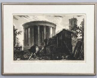 After Giovanni Battista Piranesi, Italian, 1720-1778. Etching on heavy wove paper titled "Veduta del Tempio della Sibilla in Tivoli" (View of the Temple of Sibyl in Tivoli) from the "Vedute di Roma" (Views of Rome) series. Signed "Piranesi Fec." in the plate lower right. Some toning, particularly to borders, minor foxing. Plate 25 x 16 1/2" high, in a molded frame with joint separation and some flaking, 33 1/2 x 25 1/2" high overall.