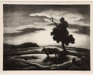 Thomas Hart Benton, American, 1889-1975.  A 1940's lithograph on paper, titled "Sunset" (Fath 43).  From the Associated American Artists, New York, edition of 204, 1941.  Signed "Benton" in pencil lower right, additionally signed "Benton" in the stone lower right. Retains original AAA label. Minor rippling, not examined out of frame. Image 13 x 10" high,  framed 20 1/4 x 17 1/4" high overall.   
