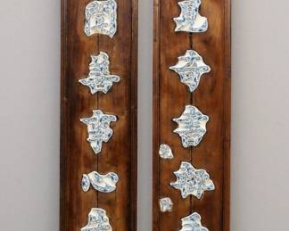 Pr Chinese wooden panels with inset Blue & White porcelain plaques