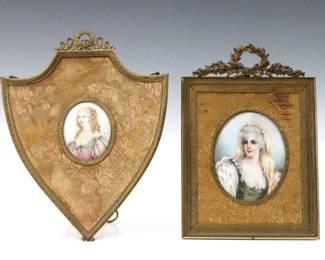 Two 19th century miniature painted portraits of women. Each depicted quarter length, includes an older woman in Green dress and silk headscarf artist signed "C. de D. Marc", and a younger woman in a Pink and Green striped gown with jeweled accents signed "Tuny". Minor wear, younger woman with losses to applied jewels, silk mats with wear and fraying, not examined out of frames. Images up to 4 1/2" high, in cast metal frames with Gilded finish and wear, up to 10" high.
