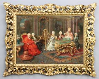 Cleto Luzzi, Italian, 1884-1952. An early 20th century oil on canvas genre scene. Depicts an elaborate Rococo style interior with a group of musicians performing for a lounging Cardinal and his companion. Signed "Cleto Luzzi" lower right. Craquelure, minor wear to paint along edges. Image 38 x 28 1/4" high, in a carved Gilded wood frame with some losses and minor damage, 54 x 43 1/4" high overall.