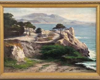 John Edmund Califano, Italian/American, 1862-1946.  Oil on canvas depicting Monterey, California with Cypress trees atop a rocky coastal cliff.  Signed at the lower left, in molded gilt frame with "Fantastic Cypress Point near Monterey, Calif." on stretcher in pencil verso.  Some small flakes/losses to the image with minor wear overall.  34 x 24" high, framed 38 1/4 x 28 1/4" high overall.  ESTIMATE $1,000-1,500