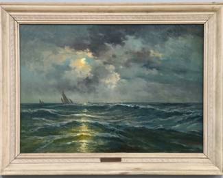 John Edmund Califano, Italian/American, 1862-1946.  Oil on canvas entitled "Moonlight on the Waves" in which sailing vessels dot along the background of moonlit waters.  Signed at the lower right; within a painted wood frame with title/name plaque and underglass, with Ferguson's Art Shop (Flint, MI) stamp verso.  Very light wear overall.  19 1/2 x 27 1/4" high, framed 25 x 32 3/4" high overall.  ESTIMATE $800-1,200