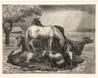 John Steuart Curry, American, 1897-1946.  A 1940's lithograph on paper, titled "Sanctuary" (Cole 38).  From the Associated American Artists, New York, edition of 250, 1944.  Signed "John Steuart Curry" in pencil lower right, initialed "JSC" and dated "'44" in the stone lower right. Very minor toning, not examined out of frame.  Image 15 1/2 x 11 3/4" high, framed 25 x 21" high overall.   
