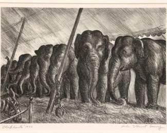 John Steuart Curry, American, 1897-1946.  A 1930's lithograph on paper, titled "Elephants" (Cole 28).  From the Associated American Artists, New York, edition of 250.  Signed "John Steuart Curry" in pencil lower right, titled and dated "1936" lower left, initalled "JSC" in the stone lower right.  Very minor toning, not examined out of frame. Image 12 3/4 x 8 3/4" high, framed 19 3/4 x 16" high overall.  
