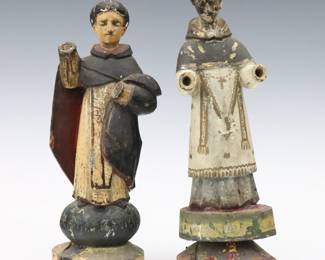 Two 19th Spanish Colonial Santos figures. Carved wood with polychrome decoration, includes a figure of San Vicente Ferrer, and a male saint. Wear, some damage, painted touch-ups and minor repairs, both lack hands, San Vicente lacks his wings, one's head not secured to his body. Up to 12" high overall.