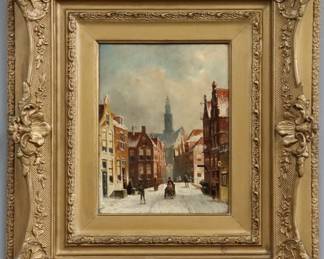 Petrus Gerardus Vertin, Dutch, 1819-1893.  Oil on wood beveled wood panel depicts an Urban Winter scene, consisting of snow covered Dutch buildings and streets, with people out and about in the city.  Signed "P.G. Vertin" at the lower right in a painted wood and gesso frame.  Some wear overall with some craquelure; some wear, crazing and losses to the frame.  8 x 10 5/8" high, framed 19 x 21 1/2" overall.  ESTIMATE $800-1,200