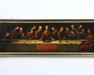 An Old Master oil on panel depiction of the "Last Supper". Oil on cradled wood panel depicting the Last Supper with the Latin text "hic este enim calix sangvi nls mei novi & aeternitestamenti misterivm fidei qvipro vobis & pro mvltis effvn detvr inremissio nem peccatorvm" written below them (For this is the chalice of my blood, the new and eternal testament of the mystery of faith, which for you and for many is the fruit of forgiveness of sins). Erroneous attribution to Gerard David and a Bankers Life & Casualty Co. Stamp verso. Repair and restorations overall, some losses and damage. Image 63 x 19 3/4" high, in a re-painted and re-Gilded wood frame with some losses and damage, 22 1/2 x 66 3/4" high overall.