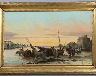 Paul Ling, Dutch, 19th Century.  Oil on canvas depicts a commotion in a harbor, with a sailing vessel, horses, and townspeople.  Within a gilt wood frame.  Signed "P. Ling" along with artist's cipher at the lower right.  Some craquelure, restretched.  23 3/4 x 14 3/4" high, framed 28 1/2 x 19 1/2" overall.  ESTIMATE $600-1,000