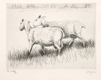 Henry Moore, British, 1898-1986. A 1970's etching with drypoint on paper sheep scene, titled "Shorn Sheep" (CGM 231). Signed "Moore" in pencil lower right above artist watermark, numbered "35/80" and "Plate XII" lower left.  Minor rippling, not examined out of frame. Framed 20 1/2 x 17 1/2" high overall. 
